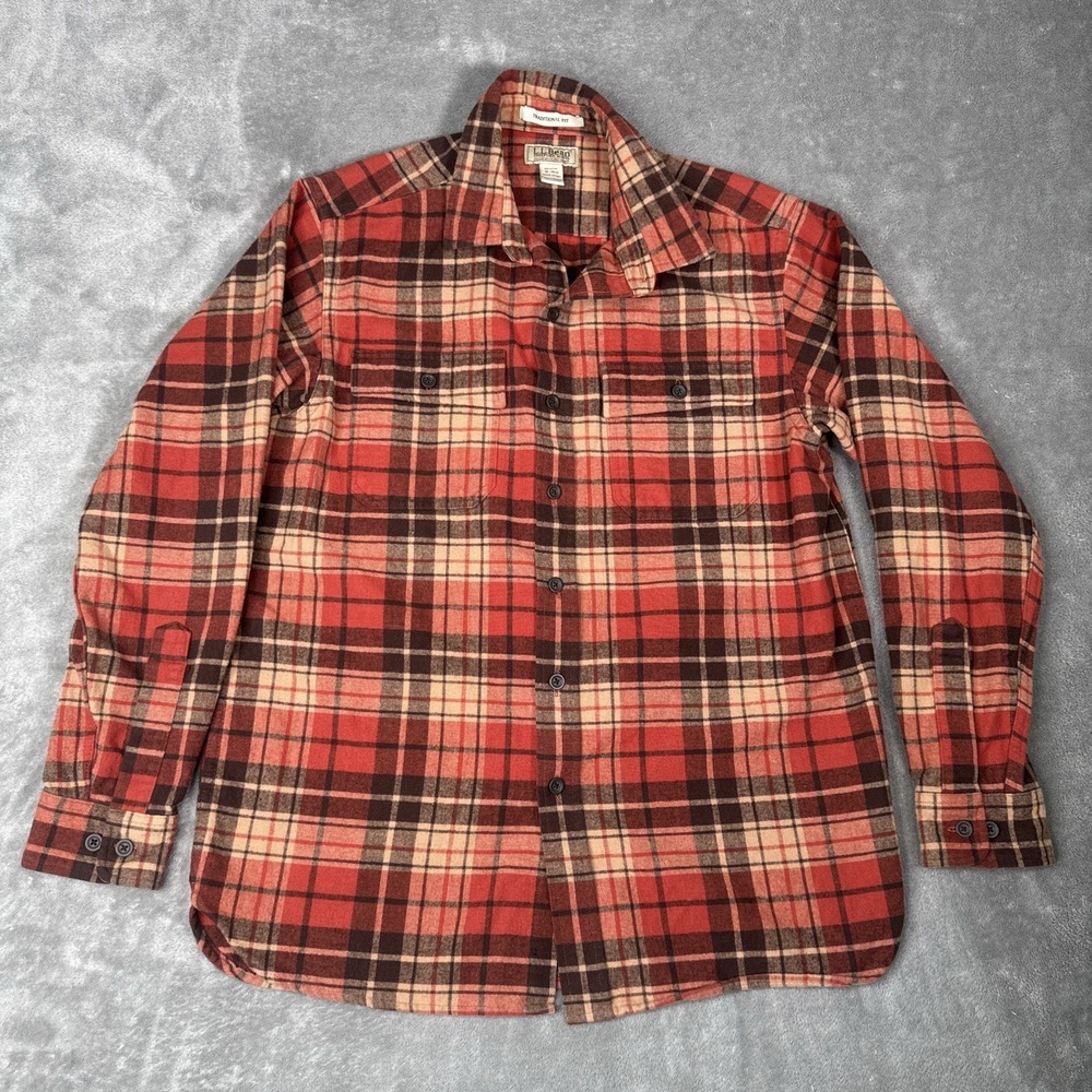 LL Bean Chamois Flannel Shirt Mens Medium Traditional Fit Plaid Red Tan 277981